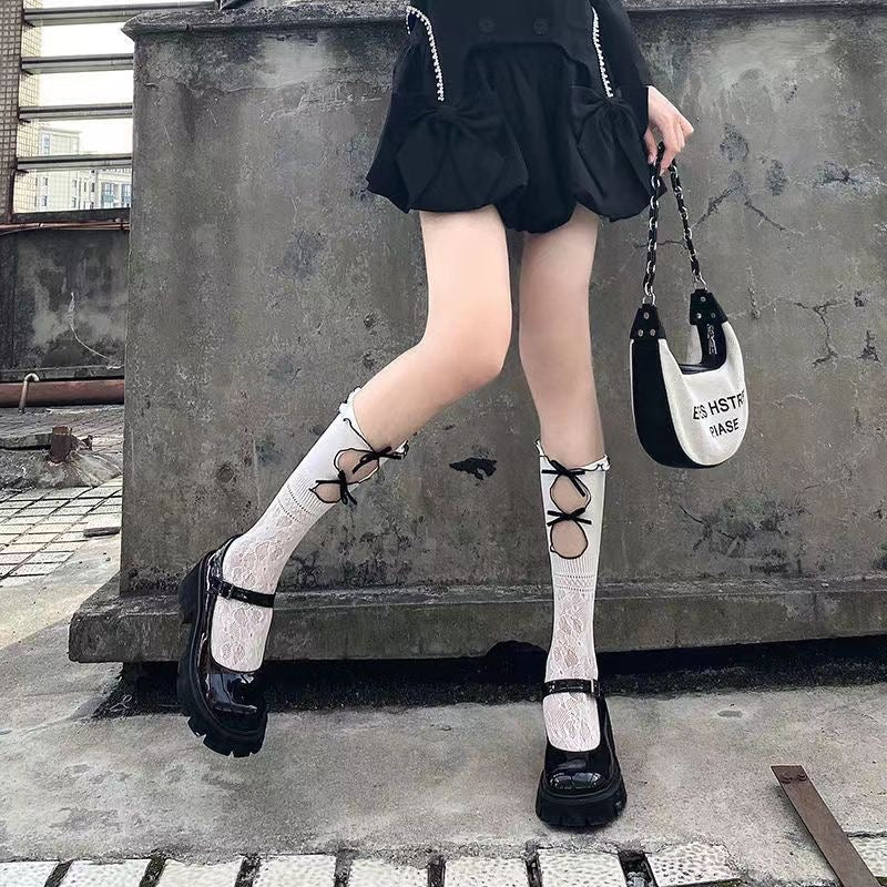 White Lace Flower Knee Stockings