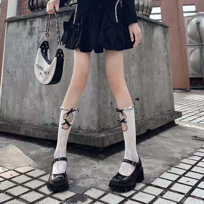 White Lace Flower Knee Stockings